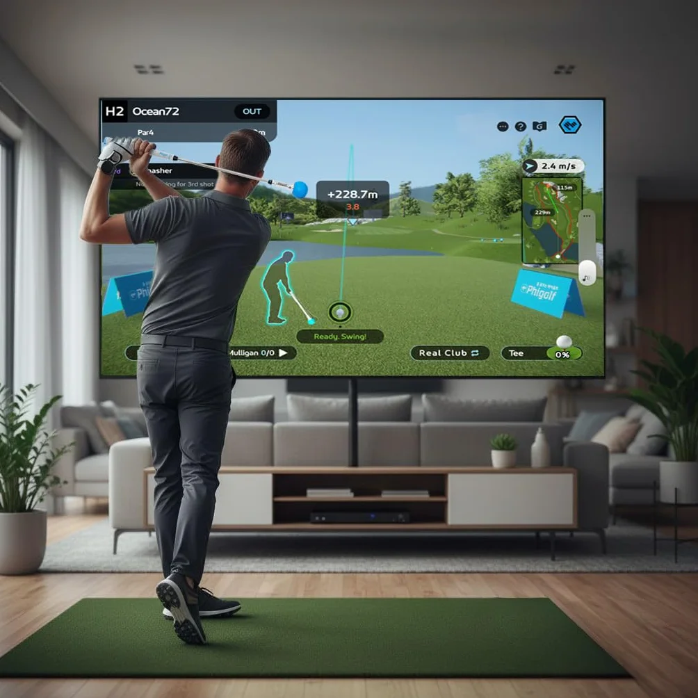 PHIGOLF Simulador de juego de golf en casa: disfruta del golf interactivo con sensor de movimiento y palo oscilante para diversión en interiores y exteriores, más de 38.000 campos en todo el mundo