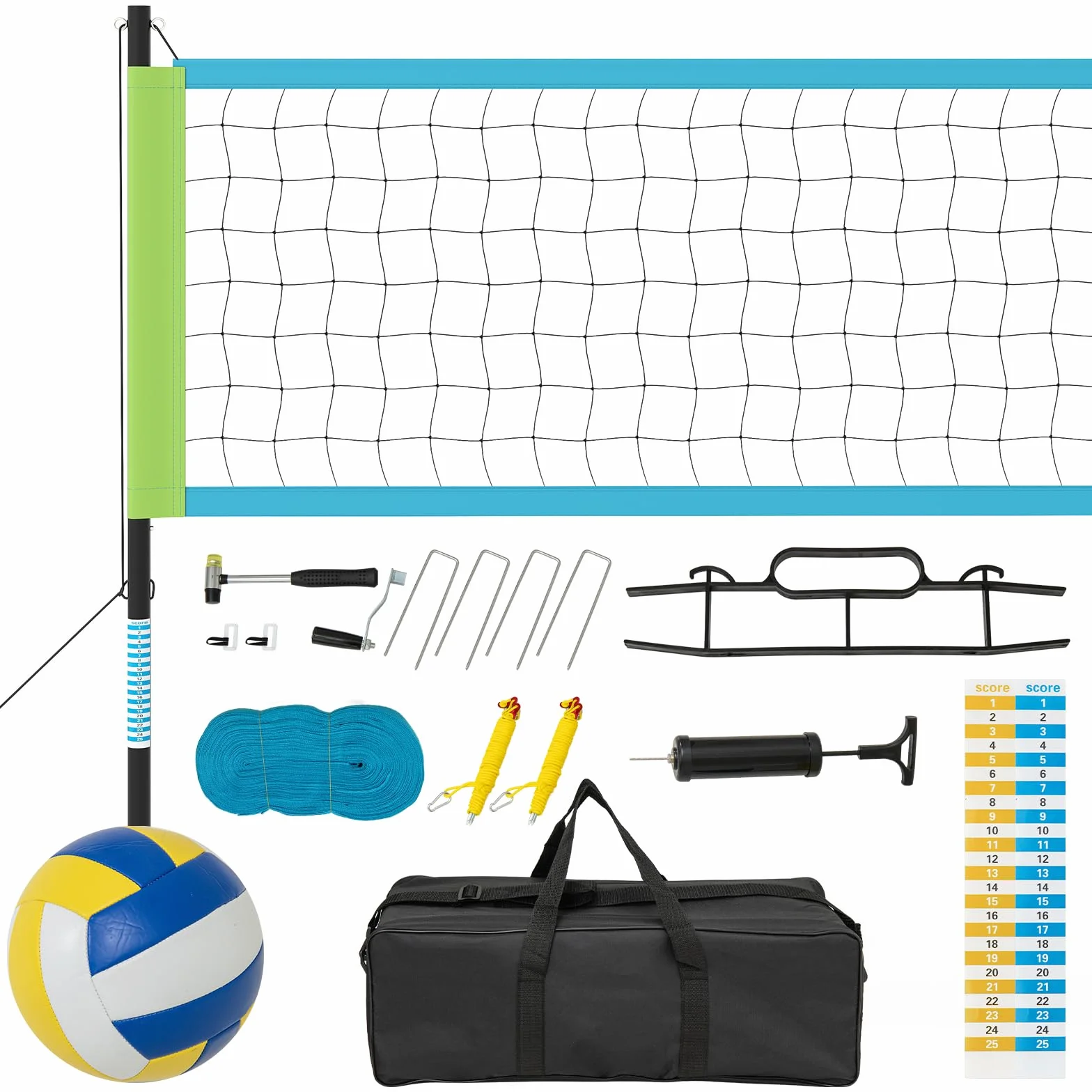 GOPLUS Red de Voleibol Ajustable en Altura, Kit Completo de Voleibol con Postes Metálicos, Balón, Bolsa de Transporte, Red de Vóleibol Profesional para Playa, 9,75 m x 0,9 m