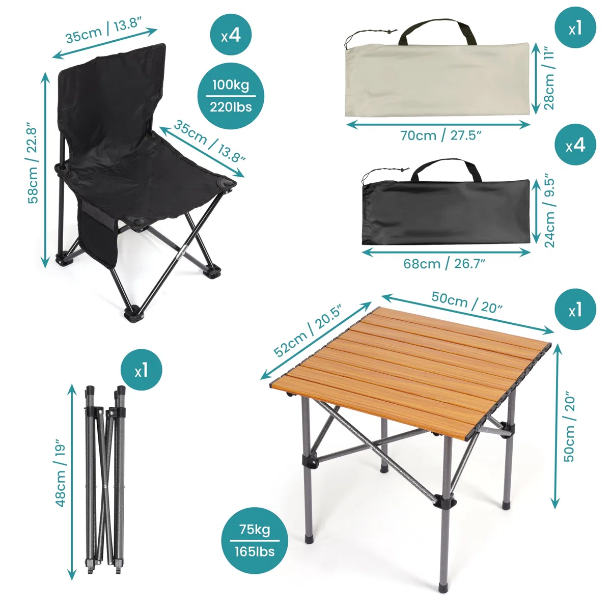 BELLE VOUS (5 Piezas Set de Mesa Plegable con Sillas Negras - Pack de Silla Plegable y Portátil para Usar en Exteriores e Interiores - para Pícnic, BBQs, Patio en el Jardín y Viajes