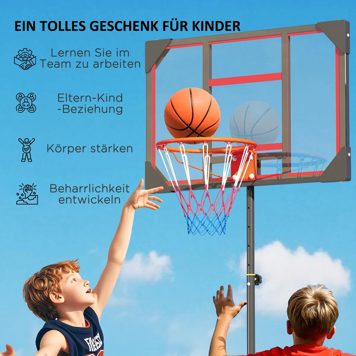 AIYAPLAY canasta de baloncesto al aire libre para niños, 210-260 cm soporte de baloncesto ajustable en altura con ruedas, sistema de baloncesto con soporte para niños a partir de 6 años, rojo