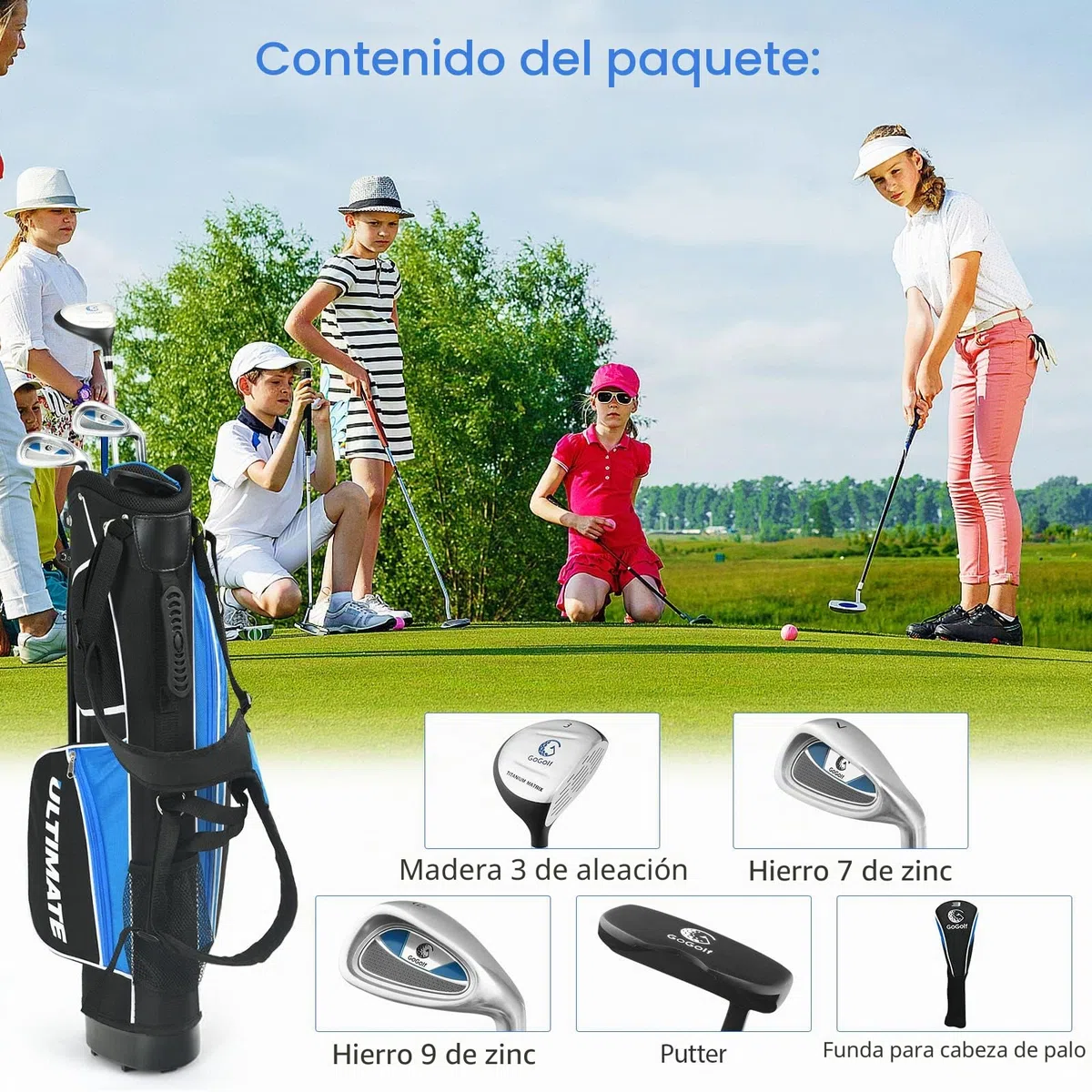 GYMAX Juego Completo de Palos de Golf para Niños de 8 a 10 Años, Golf Set Kids con Bolsa, con 1 Varilla de Madera, 2 Varillas de Hierro, 1 Varilla de Putting