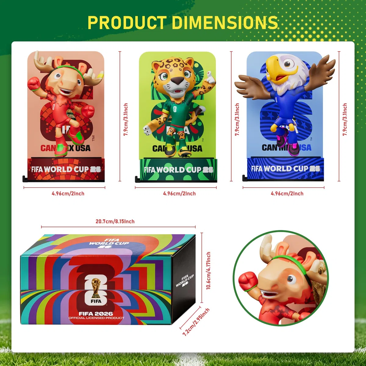 Sanyetral FIFA World Cup 2026 3PCS Figuras de Mascota,Copa Mundial de fútbol Juego de Conjunto Base B (6 cm) para Exhibición, Incluye Clutch, Zayu, Maple