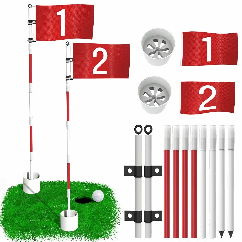 THIODOON Bandera de golf de 6 pies, taza y bandera desmontables para hoyos de golf para campo de prácticas, fibra de vidrio antioxidante, con conectores (juego de asta de bandera, paquete de 2)