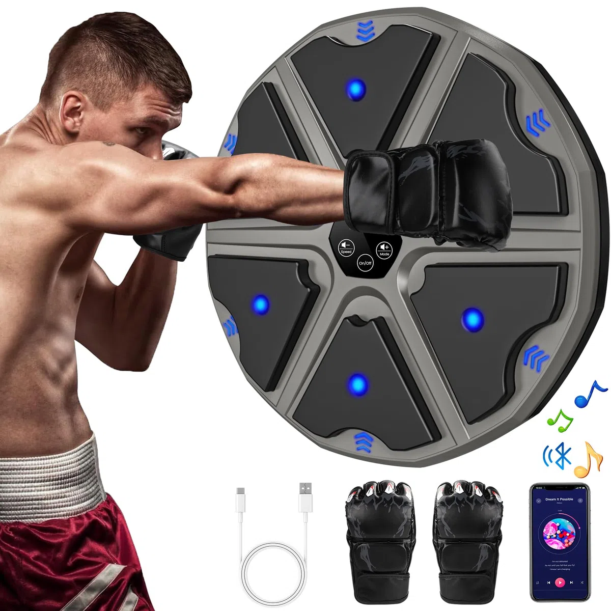 Music Boxing Machine, LED Electronic Music Boxing Machine con guantes de boxeo, 9 modos de velocidad y modo de conteo compatible con Bluetooth, regalo para adultos y niños