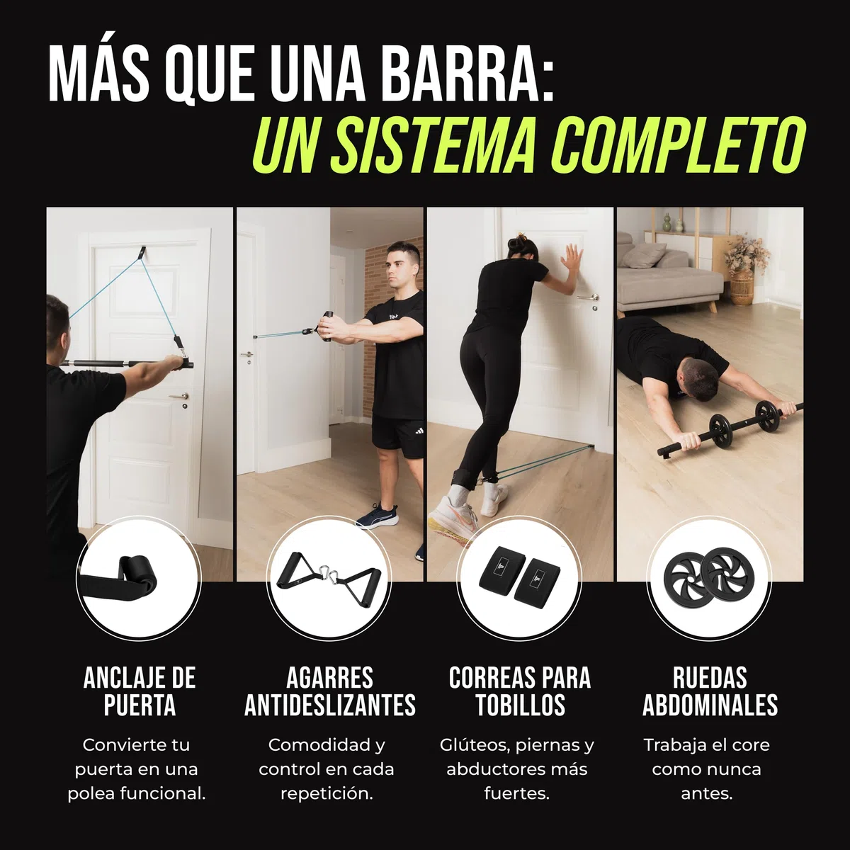 Bandas Elásticas de Musculación con Barra | Gomas de Resistencia hasta 100 kg | Kit de Entrenamiento en Casa Completo | TRAINEX
