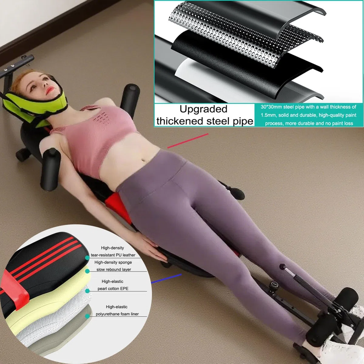 Banco de ejercicios con mesa de inversión, máquina de estiramiento y tracción de cuerpo completo con tracción cervical, mesa de descompresión lumbar for aliviar el dolor de cuello y espalda.