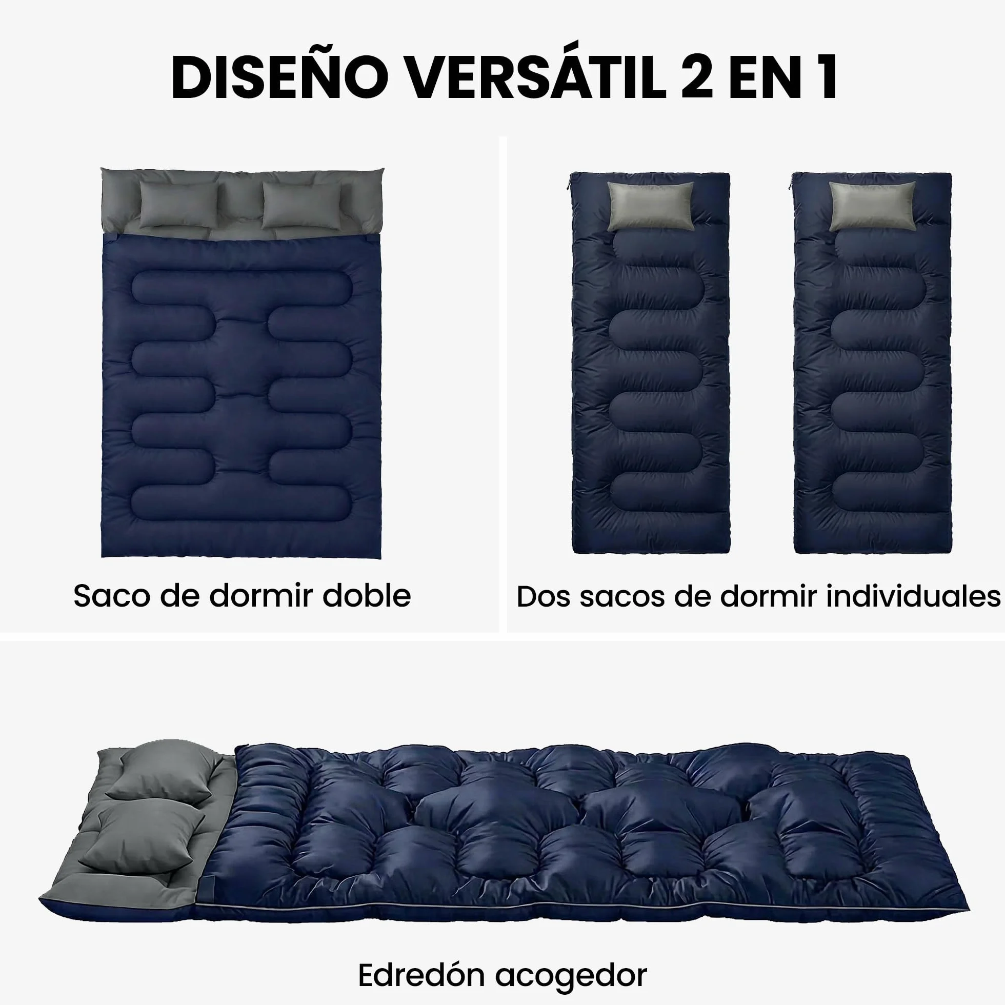 Outsunny Saco de Dormir Doble Adulto, Ligero, Tamaño Queen para 2 Personas 3 Estaciones, Saco de Dormir Rectangular con 2 Almohadas y Bolsa Transporte, para Días Fríos, Acampar, Senderismo Azul Oscuro