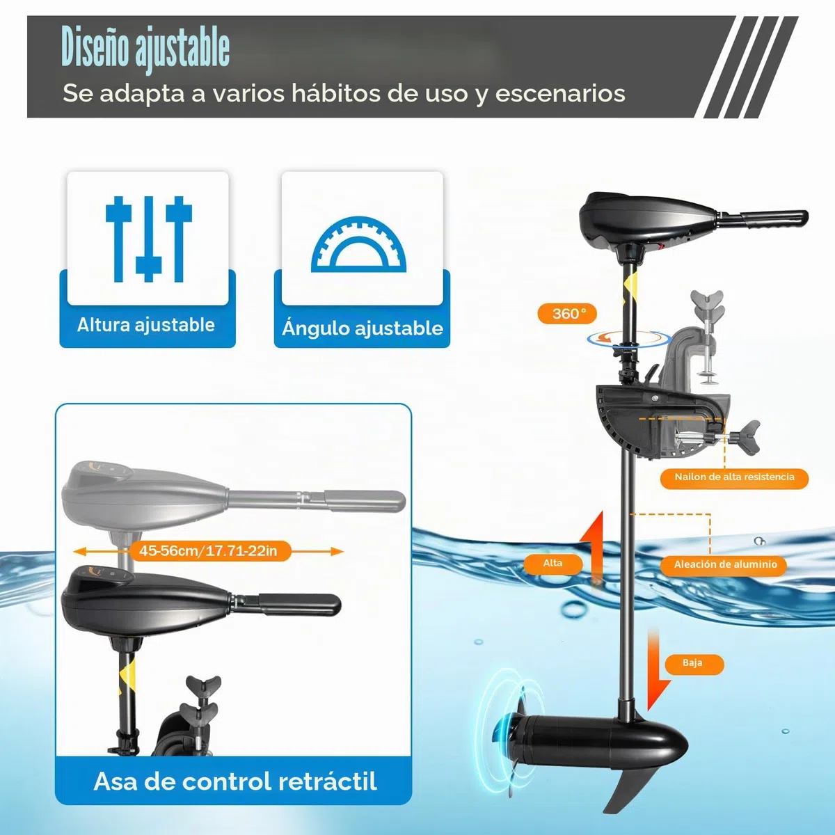Motor Fueraborda Eléctrico 12V 800W, Motor de Arrastre para Barco 85lb, 5 Marchas Adelante y 3 Atrás, Indicador de Batería, Angulo Ajustable, Hélice de 3 Palas, para Kayak, Bote Inflable y Pesca