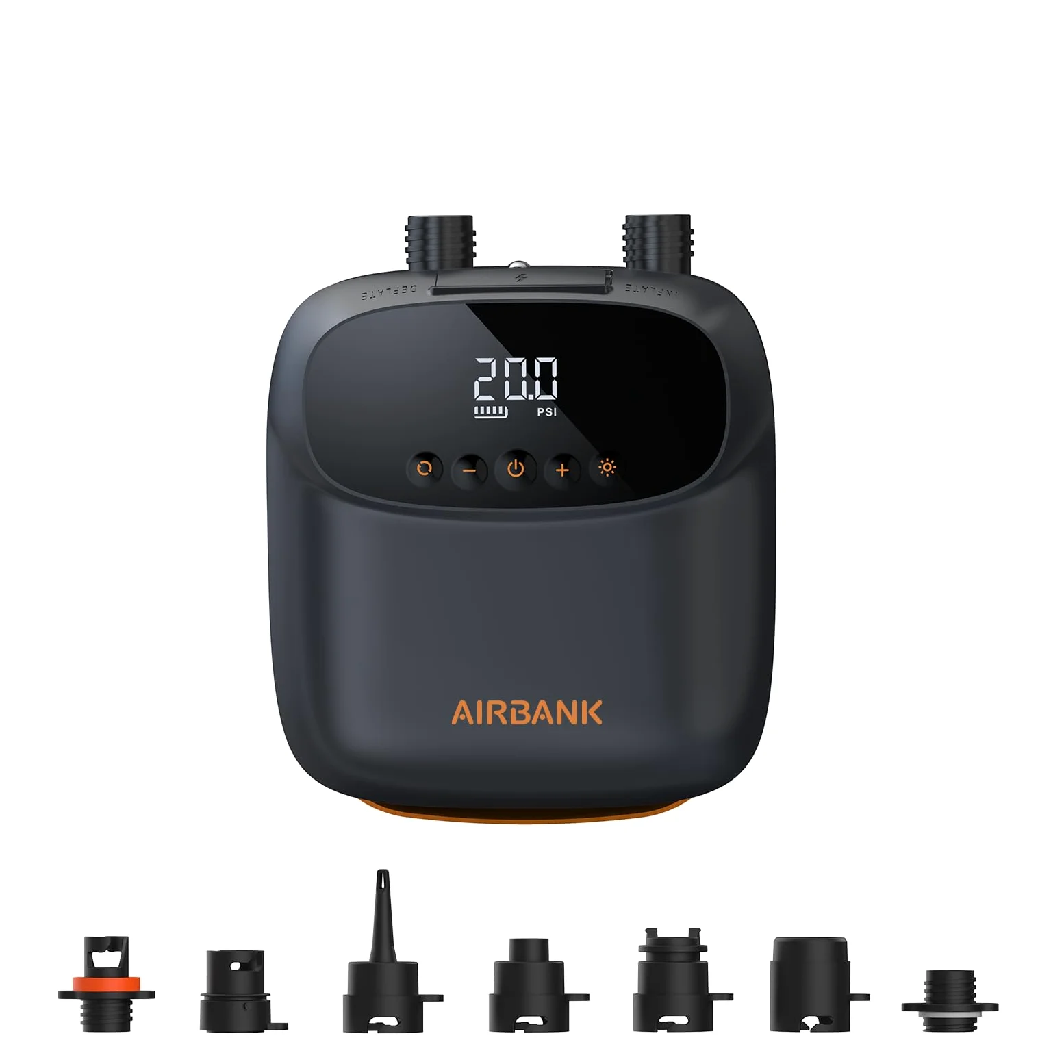 AIRBANK Bomba de Aire eléctrica Sup con batería The Buffer Pro, Bomba de Aire Recargable de Doble Etapa con Apagado automático para Tabla de Remo, lámina de ala y Cometa, Tienda de campaña, colchón