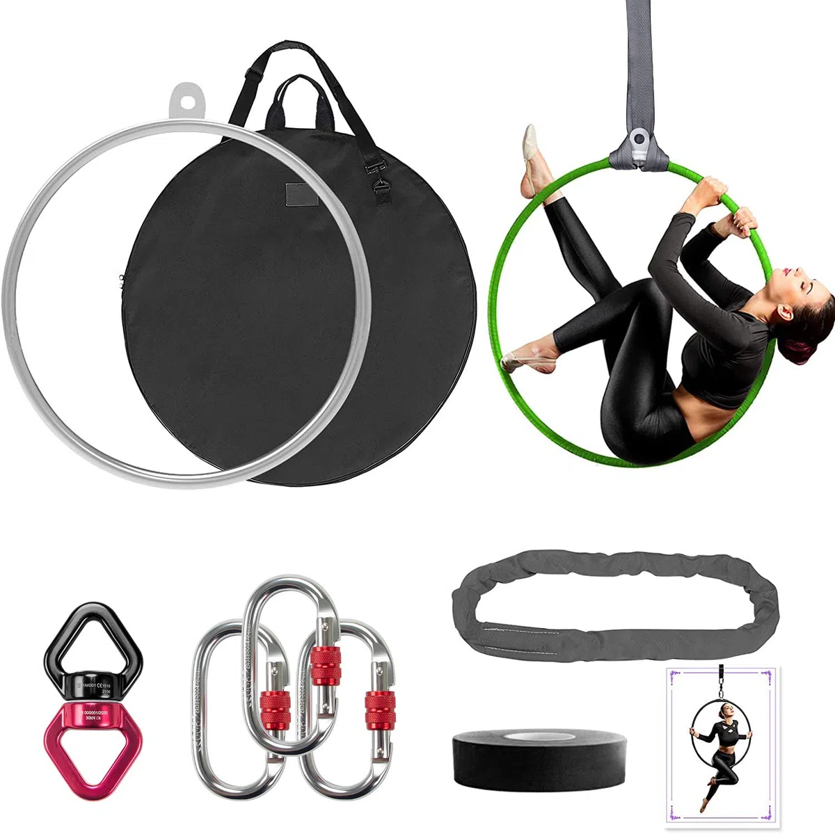 DASKING Aro de Antena de 85 cm/90 cm, Juego de Anillos de Antena Totalmente probados de Resistencia de 500 Libras, Equipo aéreo de Circo, aro de Yoga con Accesorios y Bolsa de Almacenamiento