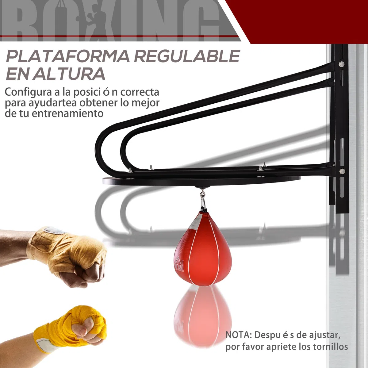 HOMCOM Pera de Boxeo con Soporte de Pared Punching Ball para Boxeo con Plataforma Ajustable en Altura Soporte Giratorio e Inflador 60x73x80 cm Rojo y Negro