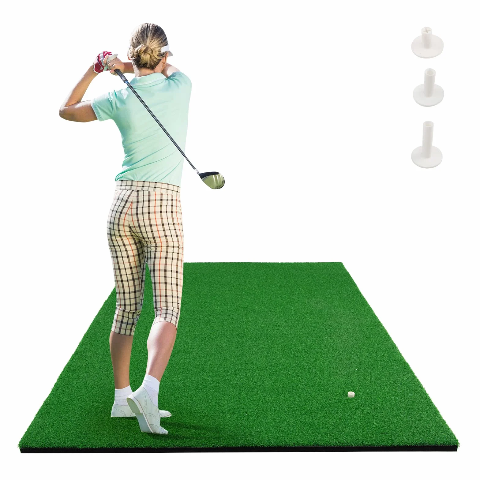 COSTWAY Tapete de Golf 1,5 x 1 m, Alfombrilla con Césped Sintético 12mm y 2 Posiciones para tee, 3 Camisetas de Goma, Alfombra de Práctica de Golf Uso Interno y Externo