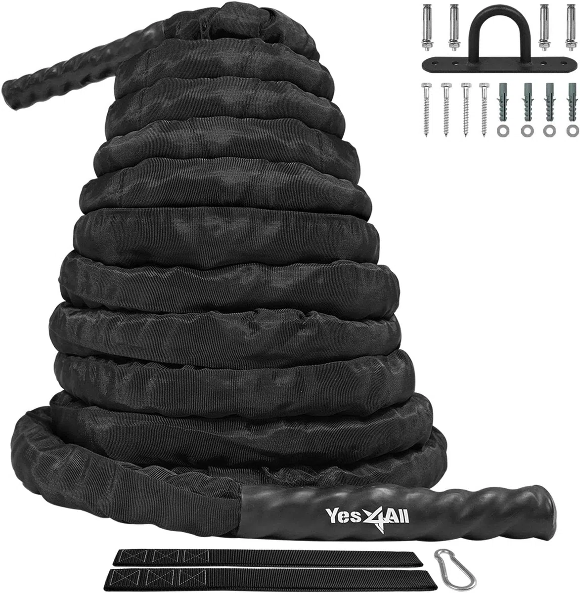 Yes4All Cuerda de combate, cuerda de entrenamiento para ejercicios de combate con funda protectora - anclaje de acero y correa incluidos, 38mm/50mm de diámetro Poly Dacron 9m/12m/15m de longitud