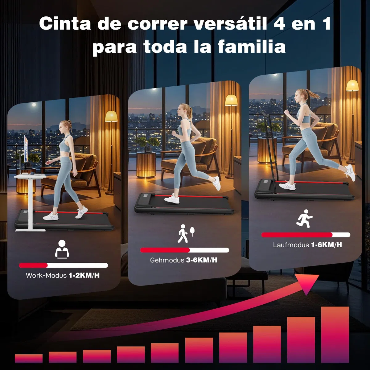 Cinta de Correr, Cinta de Correr con Barandilla Desmontable, Walking Pad 3 Niveles Inclinación, Soporte Tableta, Motor Silencioso