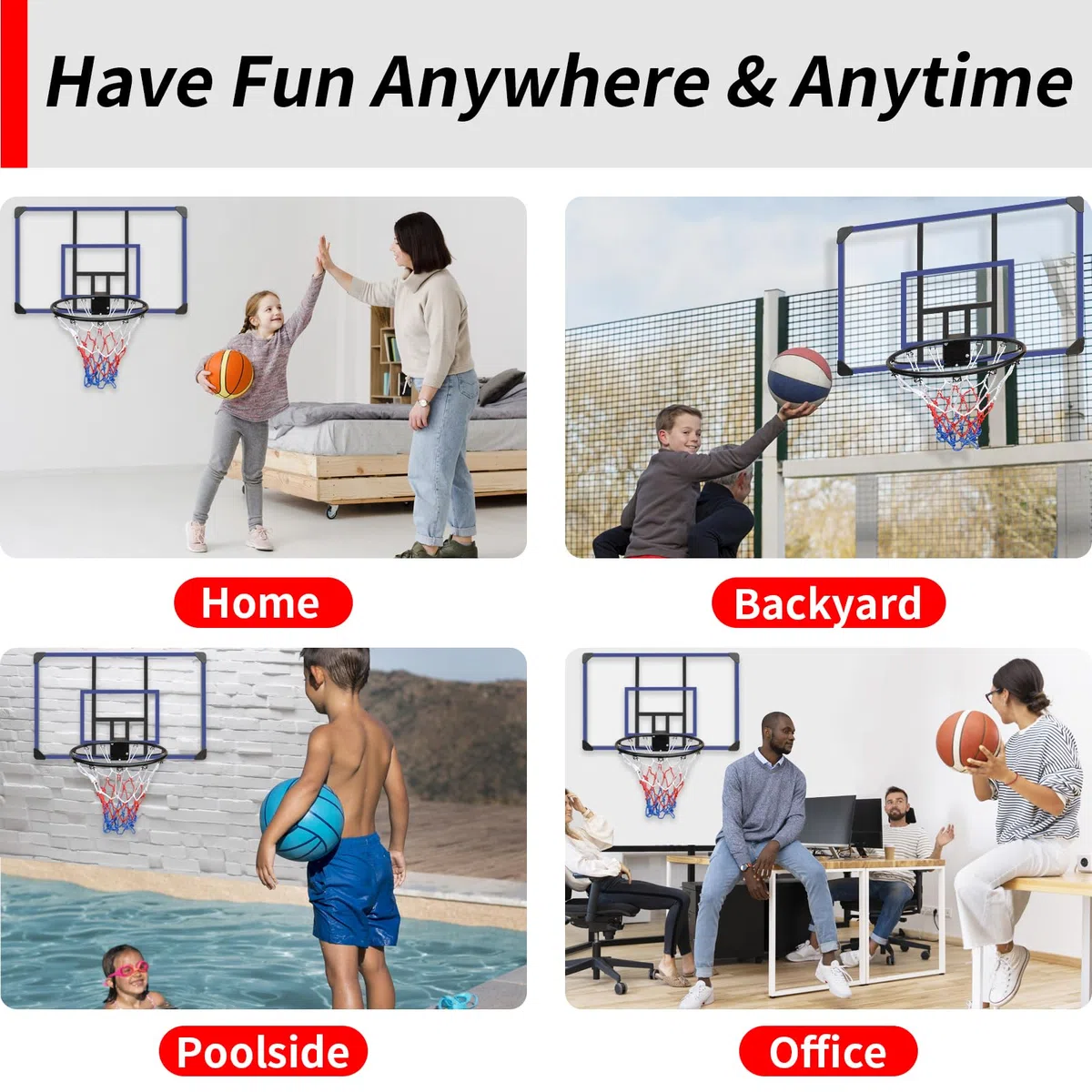 Aro de baloncesto montado en la pared, tablero inastillable de 45 x 29 pulgadas, aro plegable, aro duradero y red para todo tipo de clima para uso en interiores y exteriores