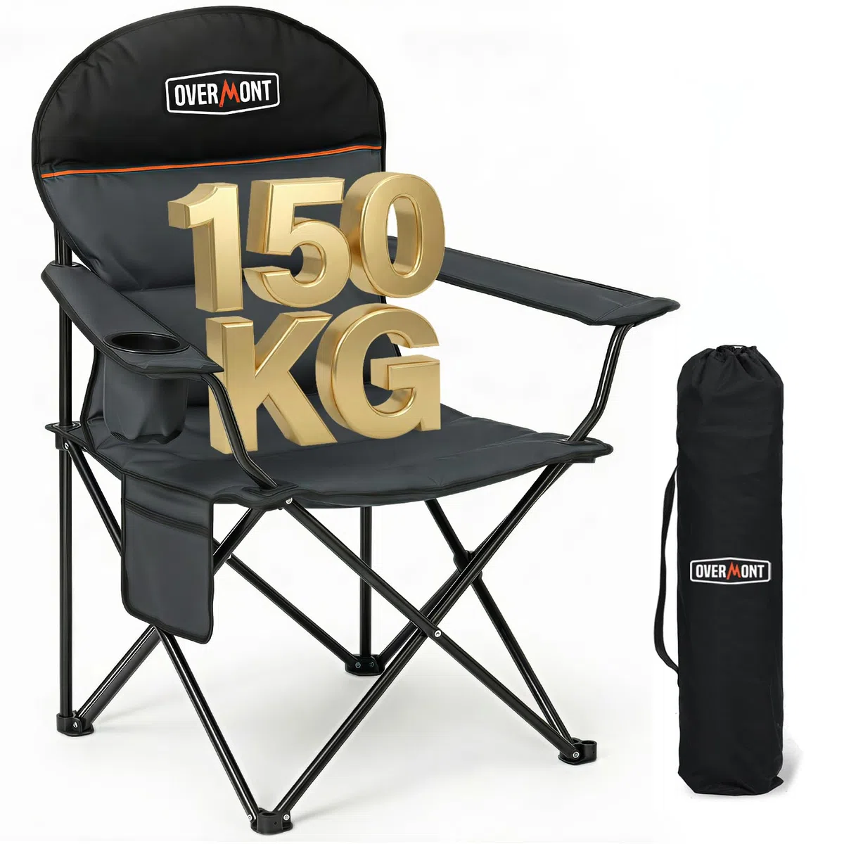 OVERMONT Silla de Camping Plegable Respaldo Alto – Silla XXL Plegable hasta 150 kg – Silla de jardín portátil con portavasos – para Senderismo, Picnic y Pesca al Aire Libre