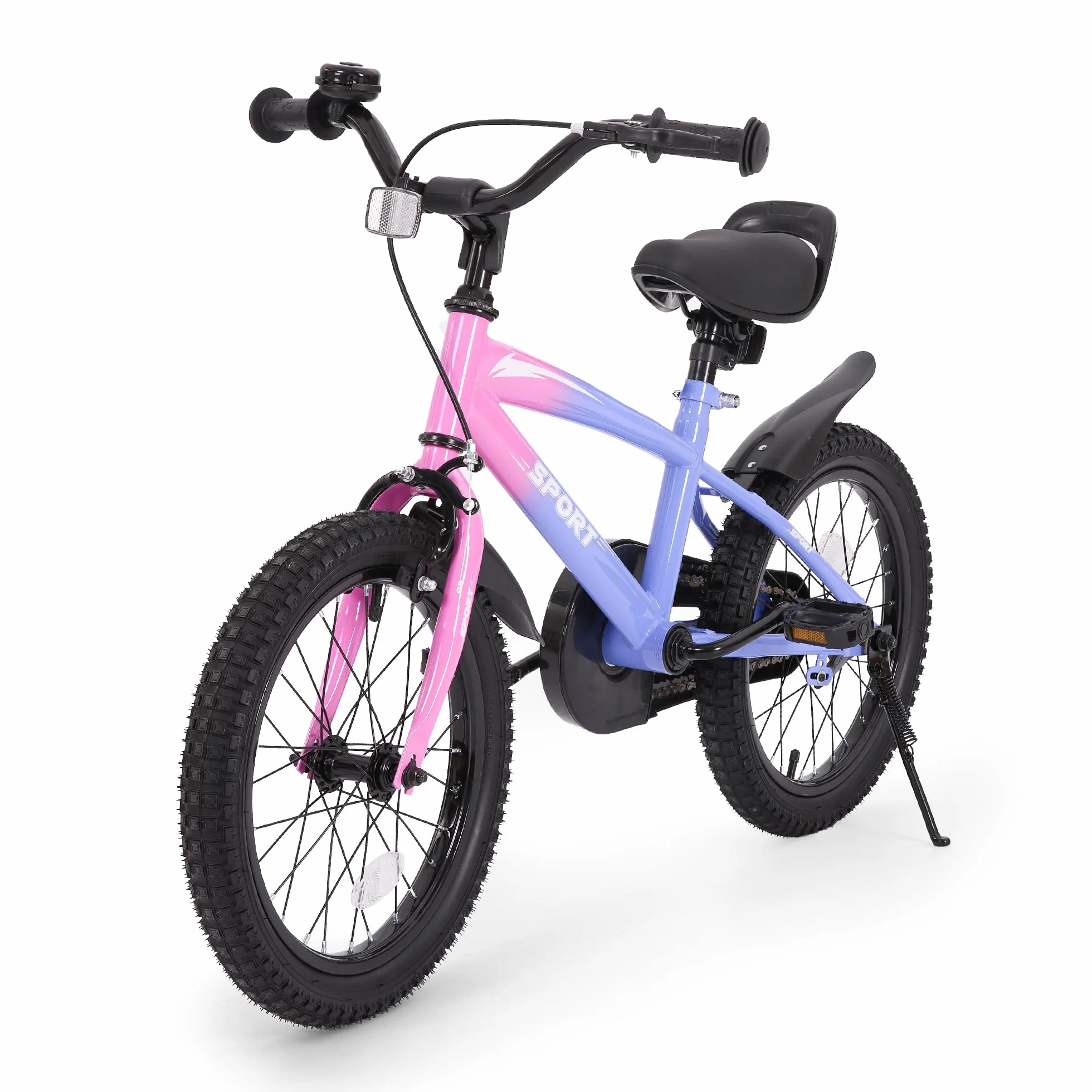 BODIOO Bicicleta infantil de 16 pulgadas para niños y niñas con asiento ajustable, ruedas estabilizadoras, freno de mano, freno de contrapedal y marco estable para ciclistas de 104 a 117 cm (morado