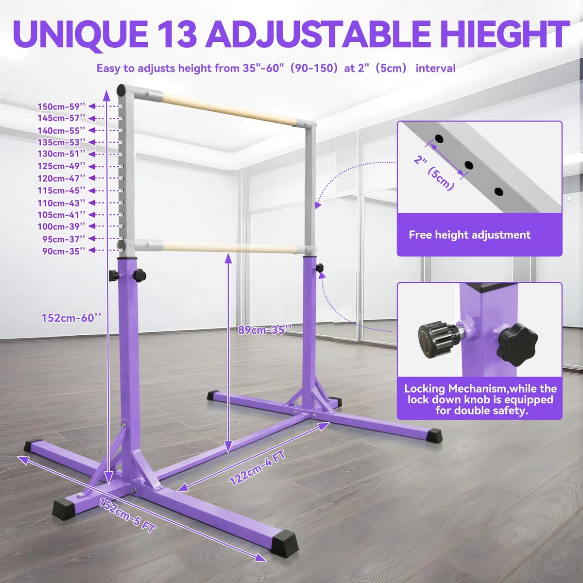 FBSPORT Barra de Gimnasia para Niños Barra Horizontal de Gimnasia con 13 Altura Ajustable de Barra de Entrenamiento con Anillos de Gimnasia Barra de Entrenamiento de Gimnasia expandible Junior Morado