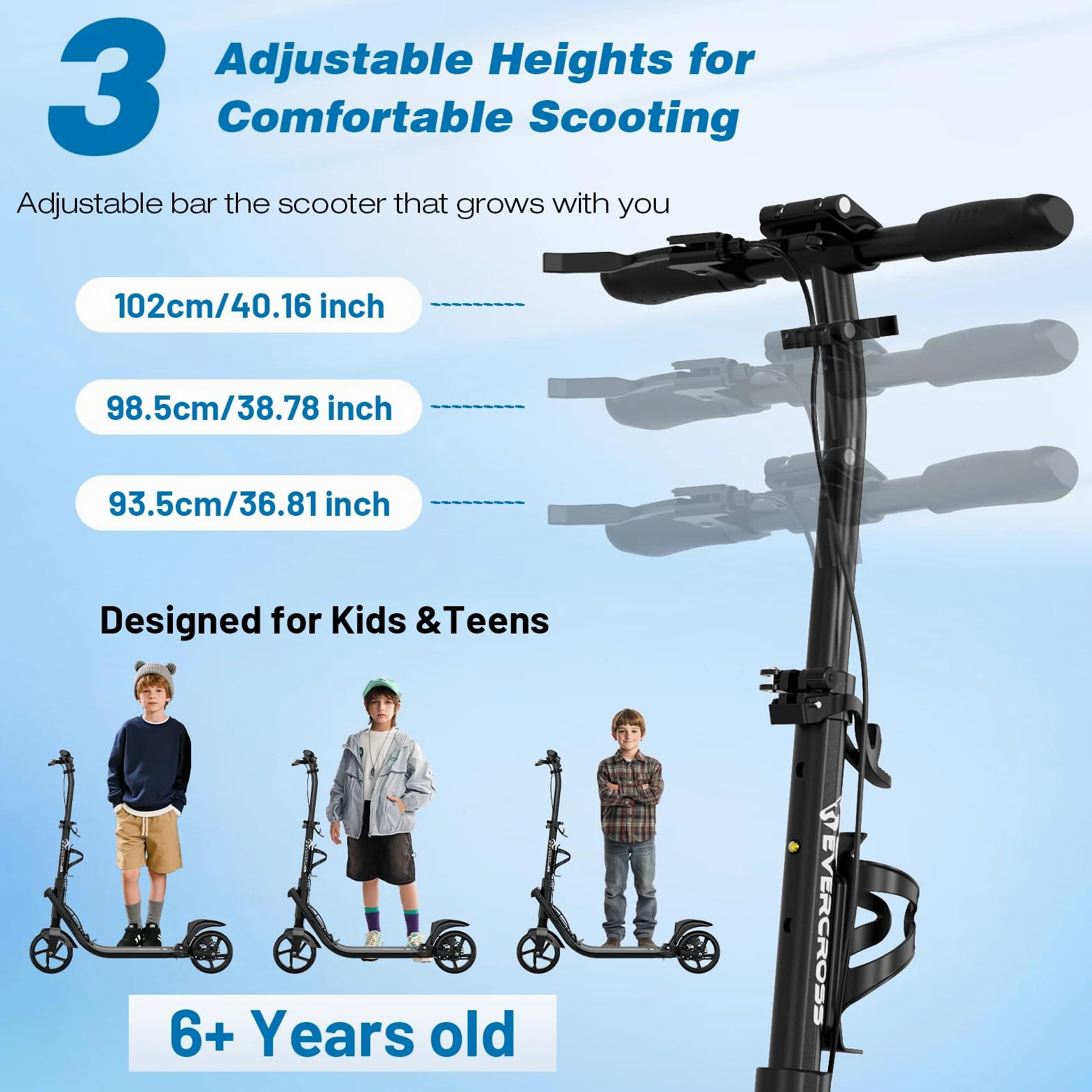 EVERCROSS K8 Stunt Scooter, Grandes Ruedas 200 mm, City Patinete Ajustable en Altura y Plegable, Deportivos Scooter de Aluminio Estable para Niños, hasta 100 kg, Doble Freno, Doble Amortiguación