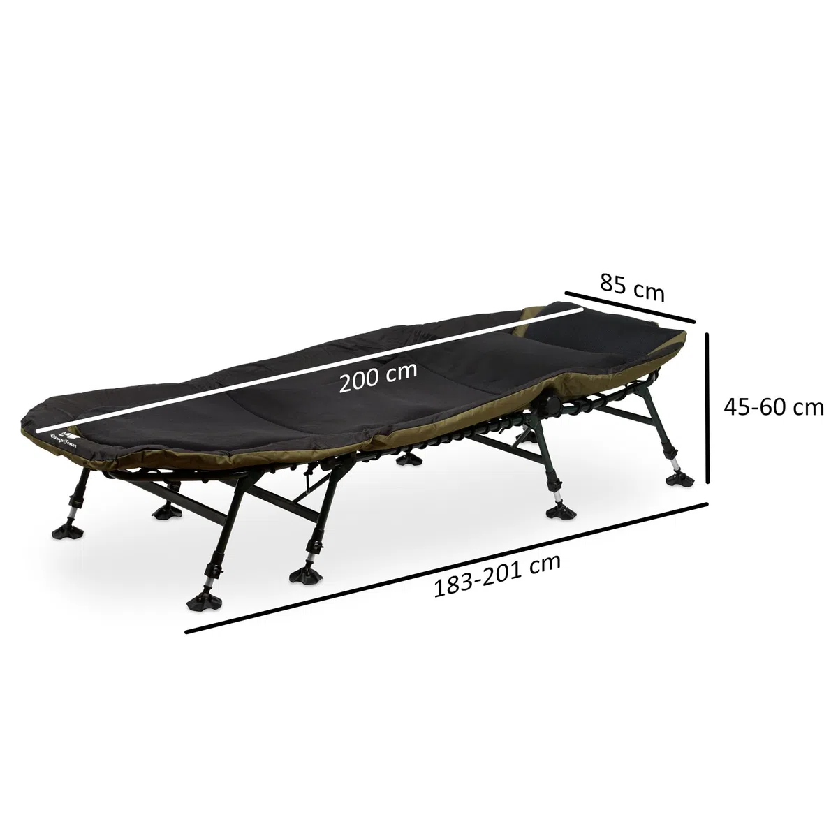 CampFeuer Tumbona de carpa XXL 210 x 85 x 45 – 60 cm, altura ajustable y estable con 8 patas, cama de campamento, cama de campo, cama de campo, cama de campo, cómoda acolchada