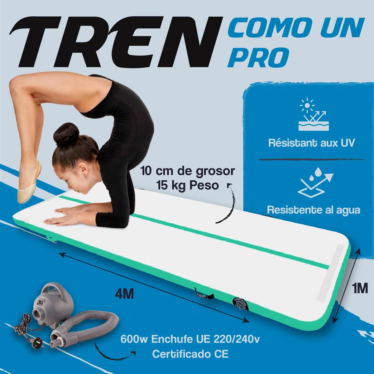 Airtrack Nordic Standard Gimnasia colchoneta inflable 3m - 8m - con bomba de aire eléctrica, esterilla inflable de gimnasia, ideal para gimnasia, yoga