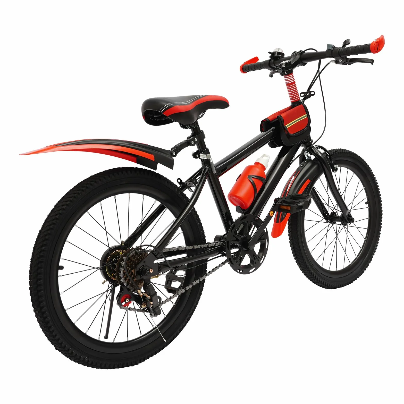 Bicicleta infantil de 20 pulgadas, en acero de carbono, capacidad de carga 75 kg, color rojo, 7 marchas, ajustable en altura, con botella, bolsa para bicicleta, para niños a partir de