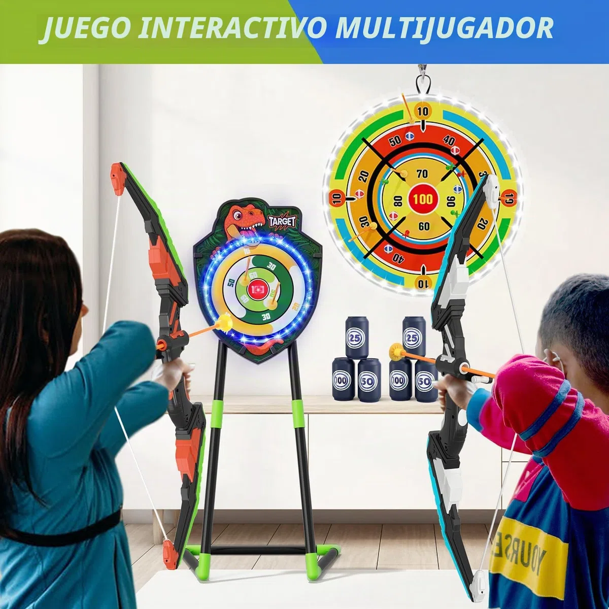 HYES 2 Pack Arco y Flechas con 29" Glow Dart Board, LED Iluminar el Dinosaurio Tiro con Arco con Flechas de Succión, Objetivo de Resplandor, Regalos Juguete para Niños Niñas Interior y Exterior