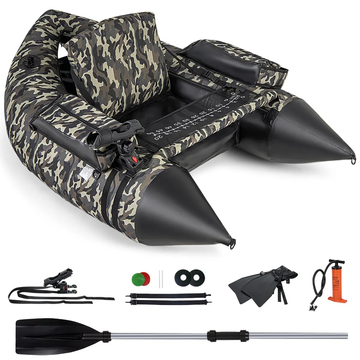 GOPLUS Barco de Pesca Inflable, Barca Hinchable con Respaldo y Correas Ajustables, Bomba Manual, Remo, Aletas, Soporte para Caña de Pescar, Regla de Peces, Almacenamiento, Carga 150 KG, Camuflaje