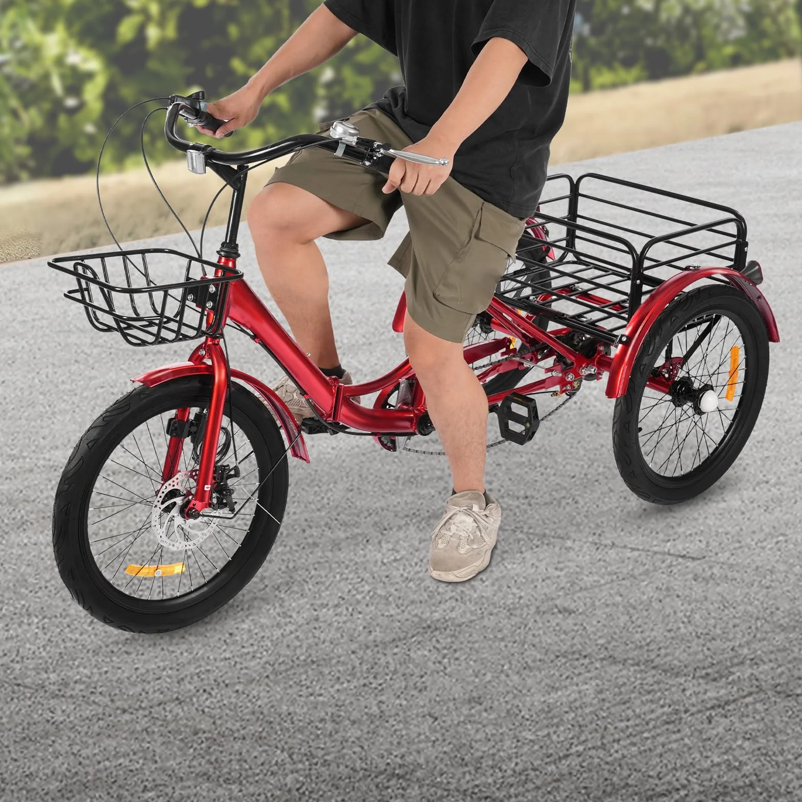 Triciclo plegable de 20 pulgadas para adultos, 7 velocidades, plegable, con cesta de la compra, altura ajustable de tres ruedas para adultos y personas mayores para ocio, color rojo