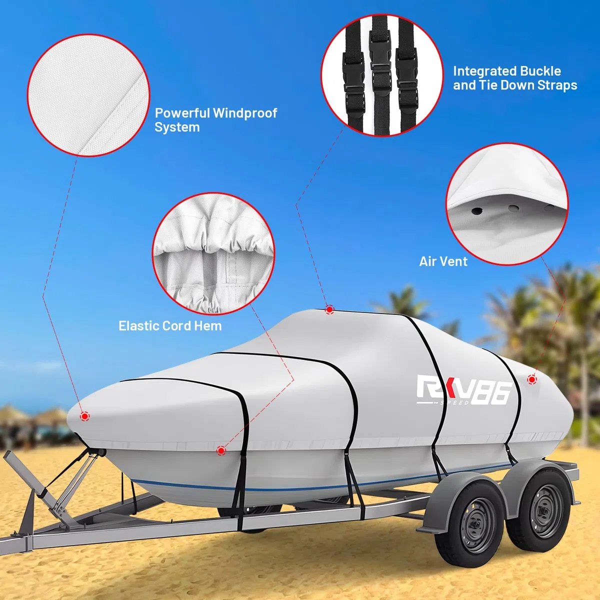 Funda para Barco con Remolque de 6,1 a 6,7 m, Lona Impermeable de poliéster 600D Resistente, de Grado Marino, con Bolsa, Apta para Casco en V, trimarán, lancha de Pesca y Proa Abierta, Plateado