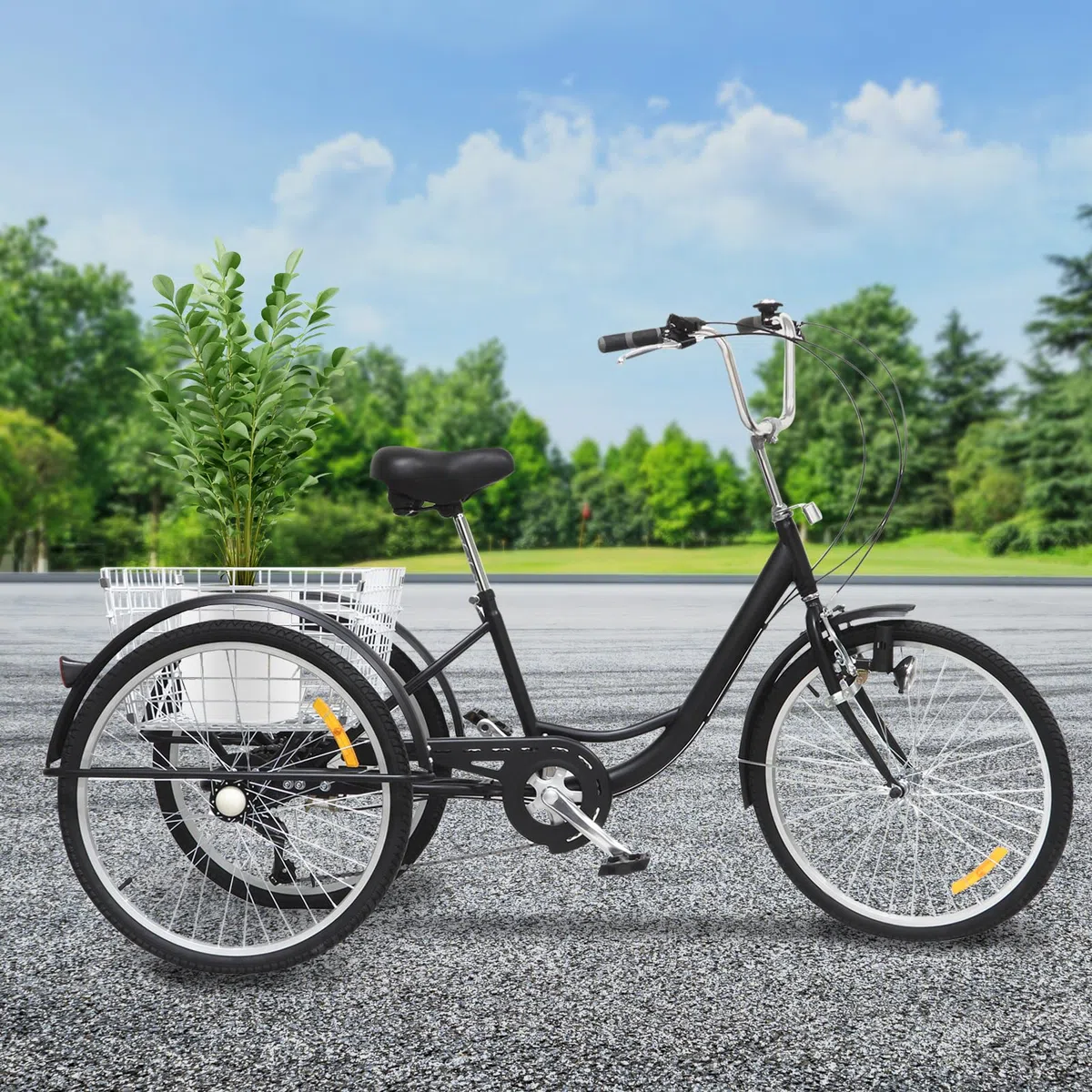 Triciclo adulto 24 pulgadas 3 ruedas 6 velocidad bicicleta triciclo cruiser con cesta y luces para montar a caballo, picnic, ir de compras o hacer otras actividades al aire libre, negro,