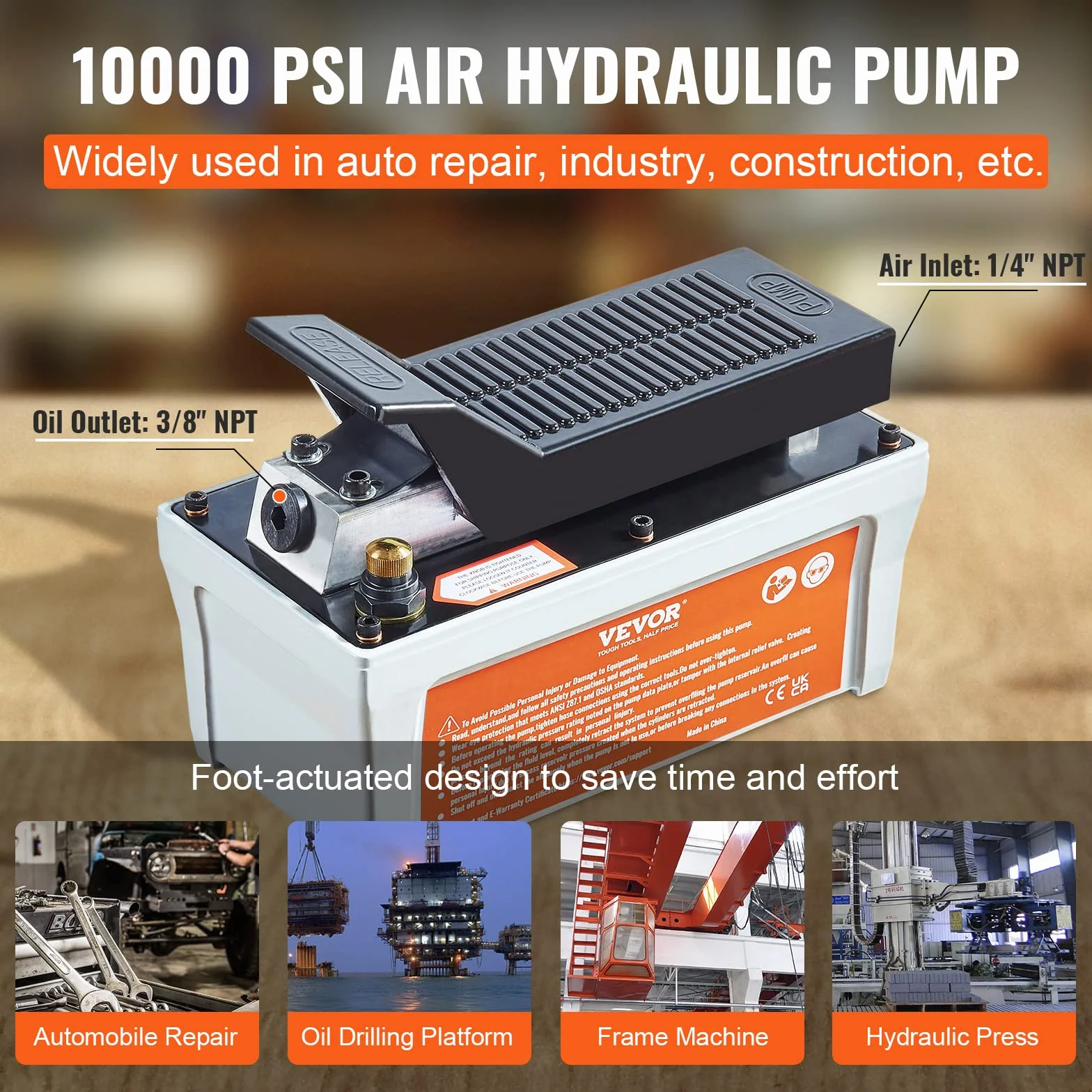 VEVOR Bomba de Aire Hidráulica 10.000 PSI Salida de Aceite NPT 3/8" Entrada de Aire NPT 1/4" Bomba Hidráulica de Pedal de Aire Tubo de Aceite de 2 m Bomba Hidráulica de Aire Accionada por Pie Gris