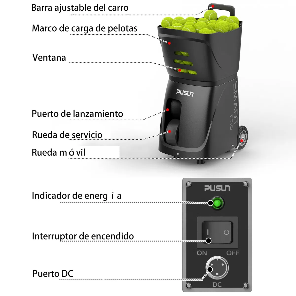 Genérico PT-Smart Pro-Máquina Lanzadora de Pelotas de Tenis, Control App, Efecto Topspin Profesional, 20 Puntos Programables, 100+ Pelotas, Batería 4-6h