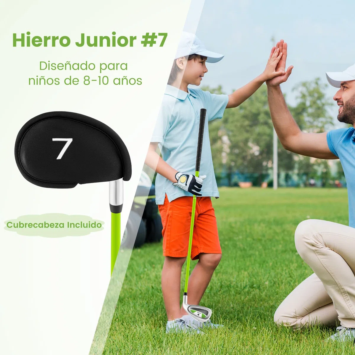 COSTWAY Hierro Junior #7 para Niños, Palo de Golf Individual para Chicos y Chicas con Eje de Fibra de Vidrio y Cabeza Protectora, Palo de Golf para Práctica Junior, Mano Derecha, 76 CM, Edad 8-10