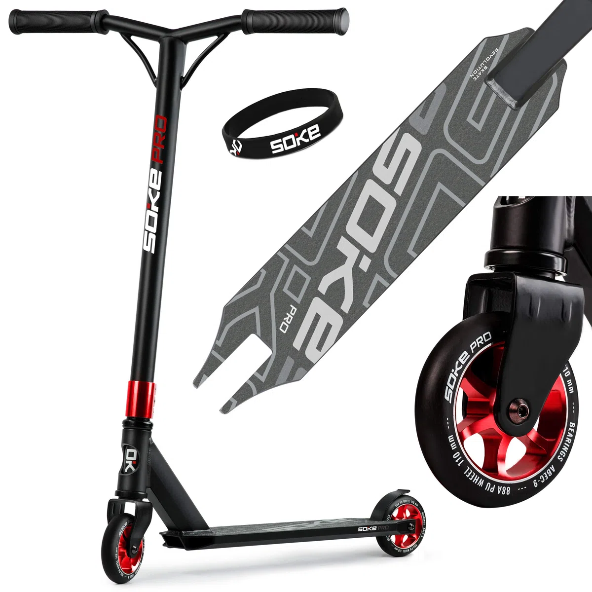 Soke Stunt Scooter Pro - Scooter Truco para Adultos y Niños, 2 Ruedas, Capacidad de Carga 100kg (Negro-Rojo)