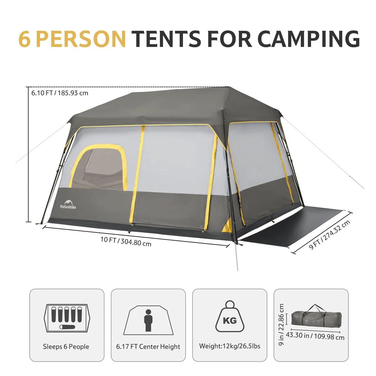 Naturehike Cape - Tienda de campaña grande para 6 personas, resistente al agua, tipo túnel PU3000 mm para viajes familiares, camping y viajes en coche