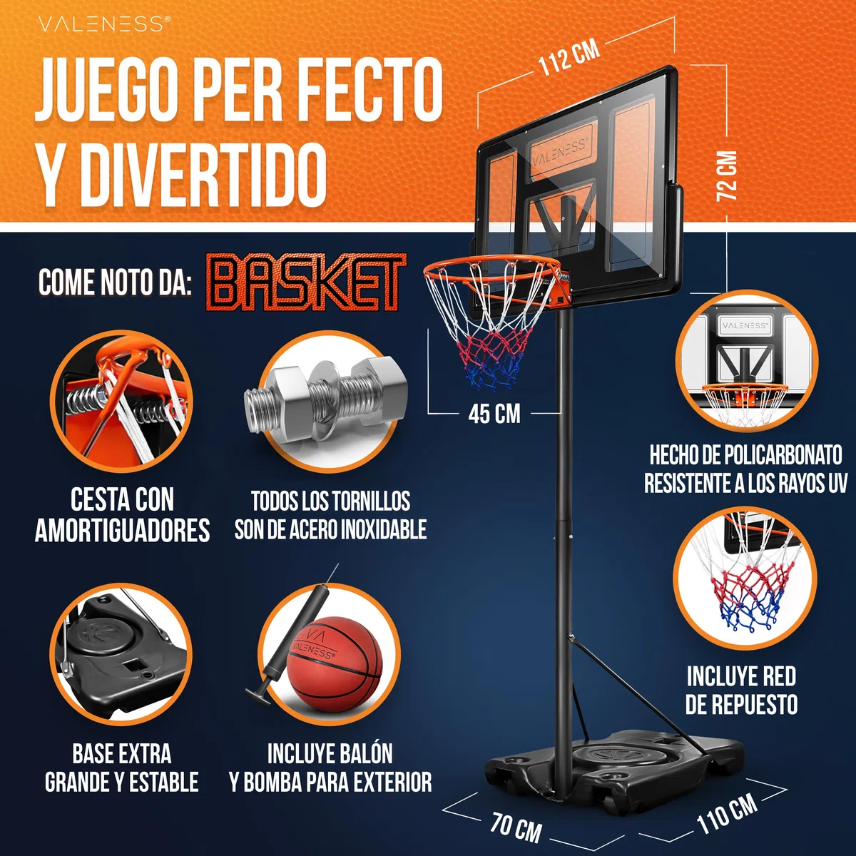 Aro de Baloncesto para Exterior - Soporte Ajustable en Altura [135 a 305 cm] y Resistente a la Intemperie - Aro Profesional con balón y Bomba para niños y Adultos (Profesional 135–305 cm)