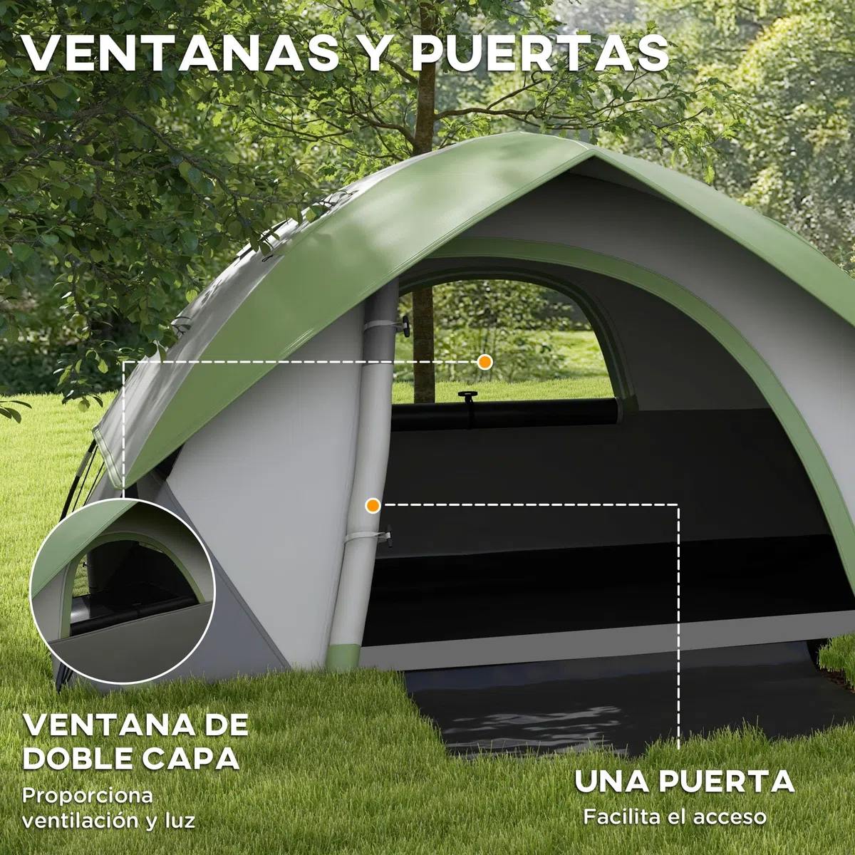Outsunny Tienda de Campaña para 2 Personas Tienda de Camping Plegable Ligero con Ventana y Bolsa de Transporte Impermeable 3000 mm 210x150x110 cm Gris y Verde
