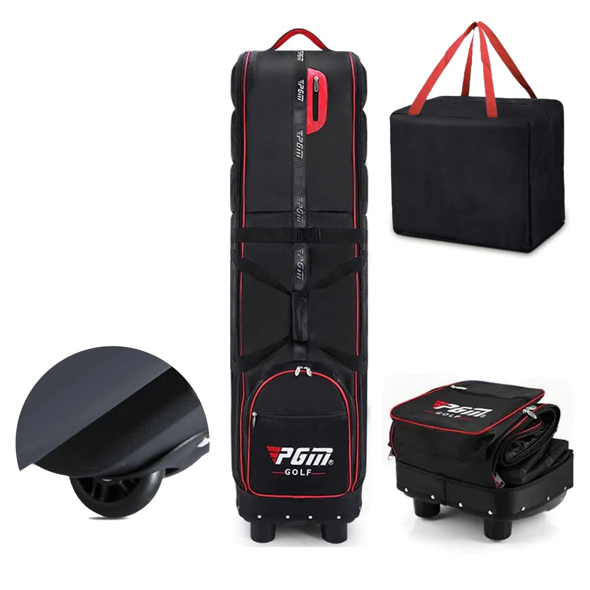 KOFULL Bolsas de Mano para Palos de Golf Bolsa de aviación de Golf Bolsa de Viaje Acolchada con Ruedas Plegable, Bolsa de Almacenamiento (Negro-Rojo)