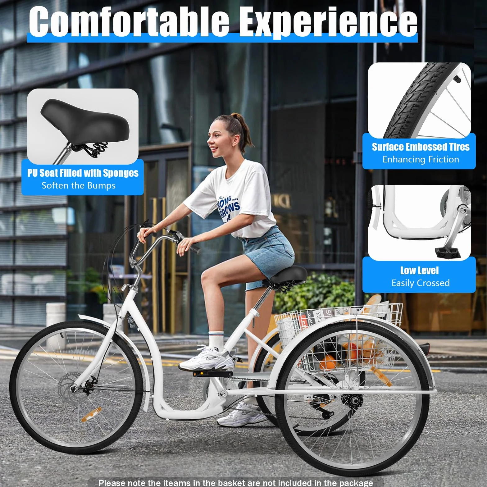 Triciclo adulto de 26 pulgadas, 6 velocidades, soporta 264,55 lbs ajustable para personas mayores, bicicleta de crucero, bicicleta de compras, adecuada para personas mayores para conducir
