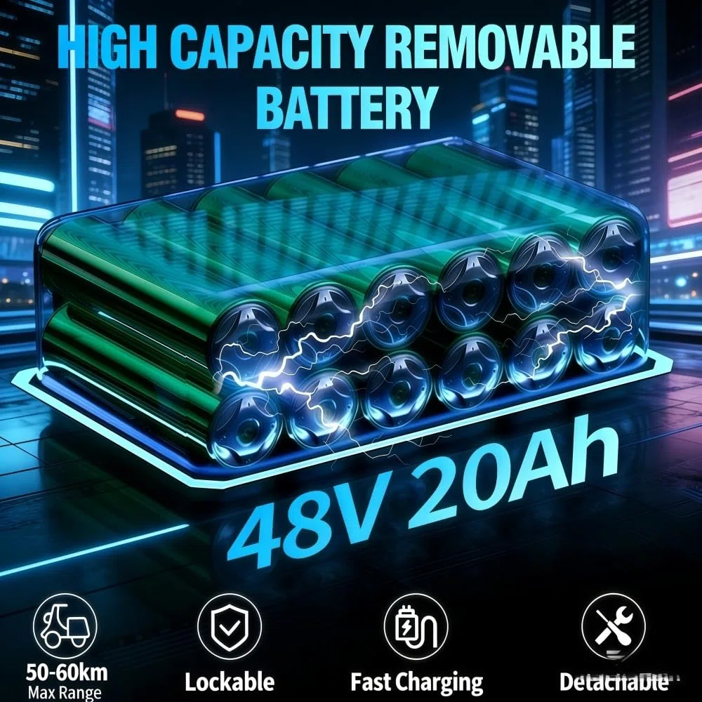 BK20 Bicicleta eléctrica para Adultos, 48V 20Ah, batería extraíble, Larga autonomía 60-100 km, Bicicleta eléctrica 20 Pulgadas, Todoterreno, suspensión Doble, 7 Marchas, Freno de Disco Doble