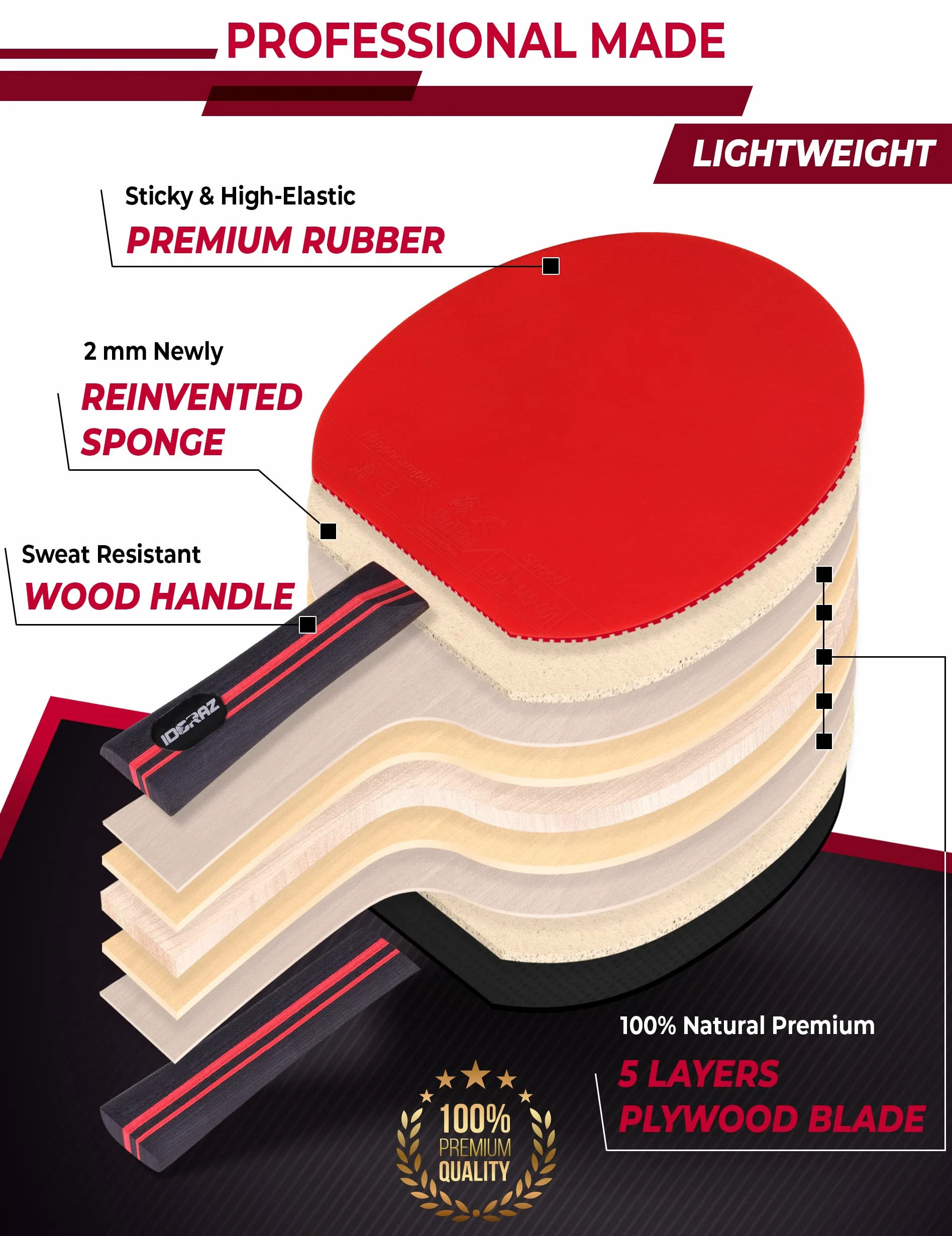 Raqueta Profesional de Ping Pong, Raqueta de Tenis de Mesa con Funda de Transporte, Goma aprobada por la ITTF para Jugar en torneos, la Mejor Paleta de Tenis de Mesa