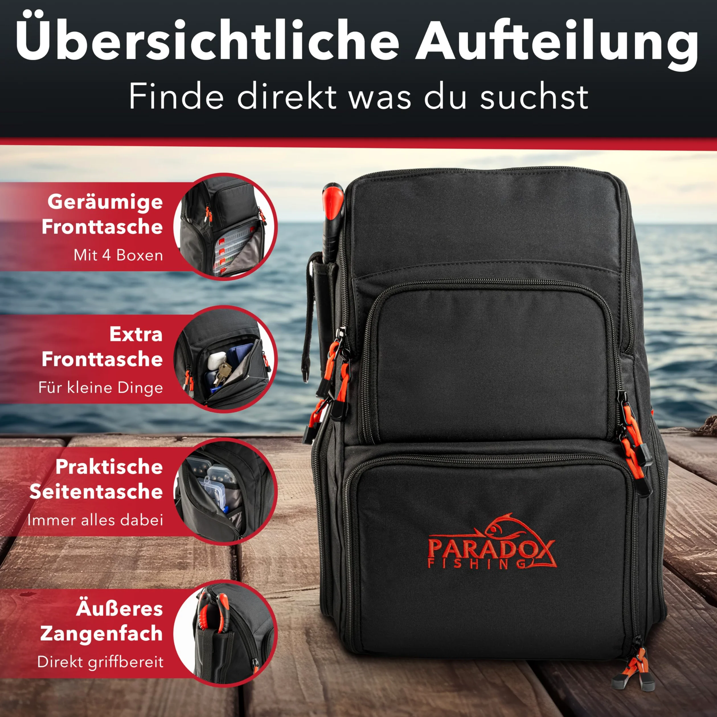 Paradox Fishing Mochila de pesca con cajas, incluye 4 cajas, maletín de pesca