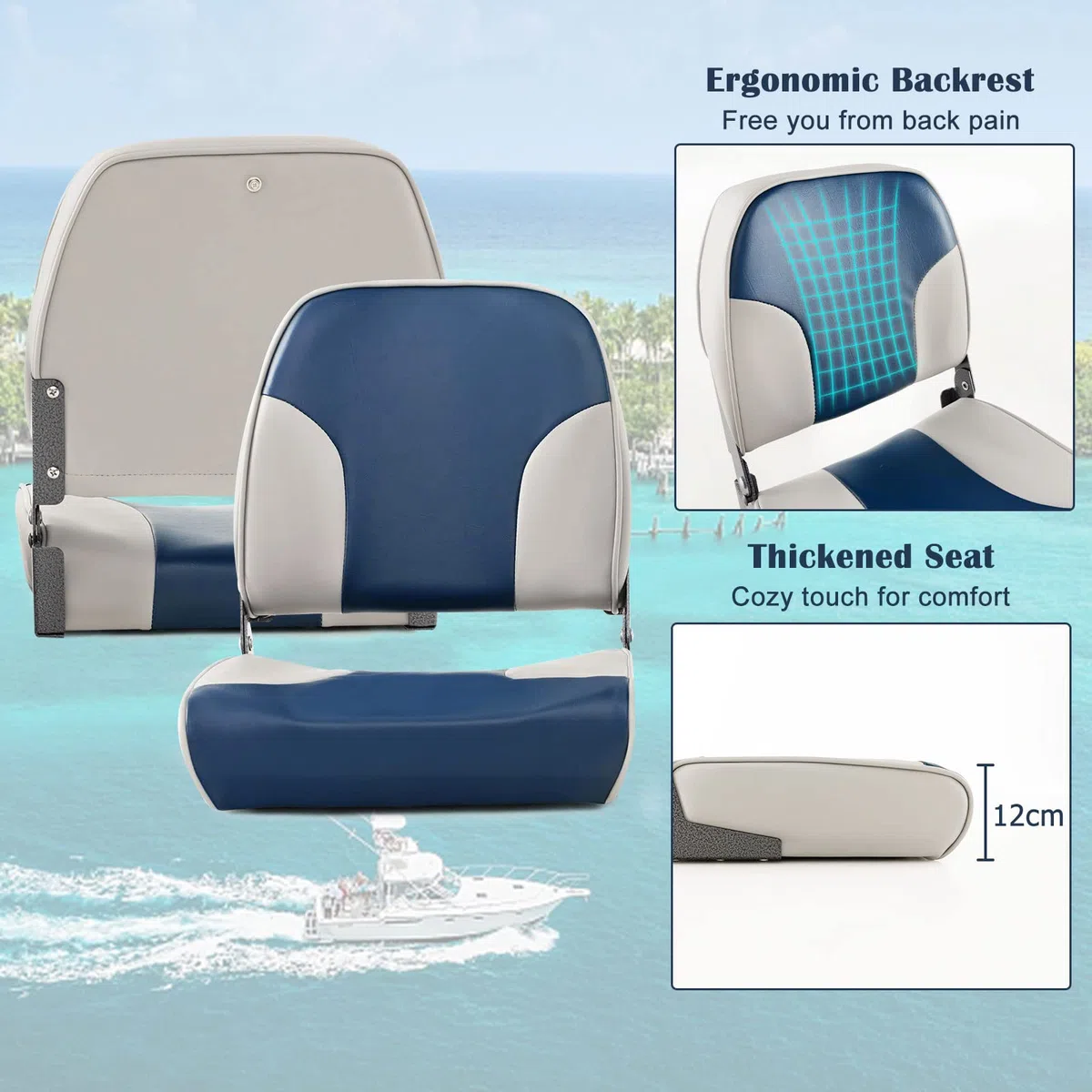 HOMASIS 2 asientos plegables para barcos acolchados, con asiento de 11 cm de grosor, silla de control impermeable con correa de fijación, asiento de control ergonómico para barco, 50 x 42 x 52 cm