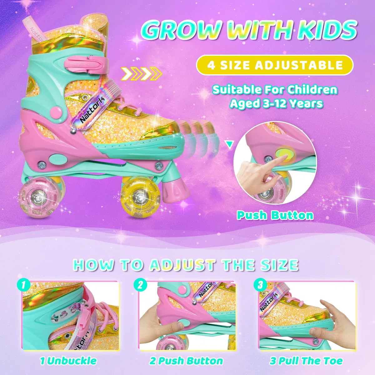 Nattork Patines de ruedas para niñas y niños, 4 tamaños ajustables, patines para niñas de 3 a 12 años con ruedas iluminadas y protección de seguridad, regalo de cumpleaños genial para deportes en