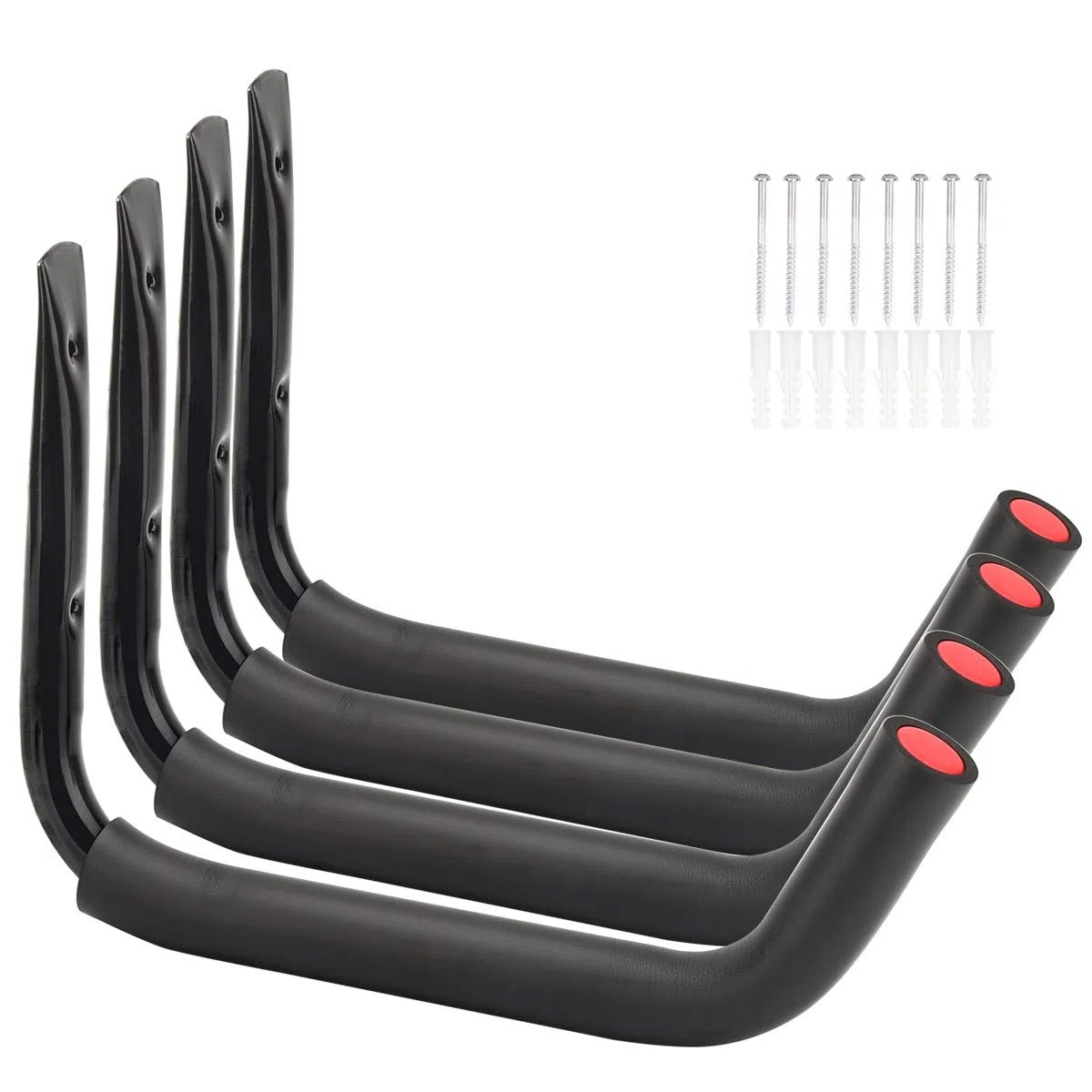 Estante de almacenamiento de acero para kayak, paquete de 4 ganchos de montaje en pared para canoa, colgador de snowboard de 15 pulgadas, capacidad de 100 libras