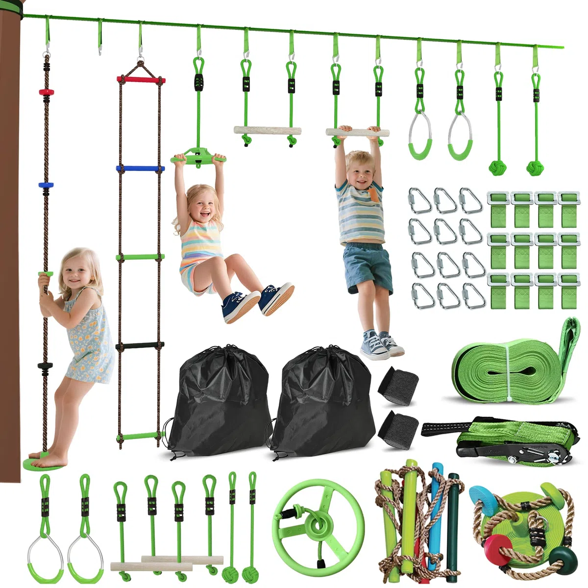 AIYAPLAY Ninja Slackline 10 m para niños Ninja Warrior Carrera de obstáculos Conjunto con Anillos de Gimnasia Slackline, Rueda Spinner, Columpio, Postes de Escalada, Bandeja Colgante, Escalera de