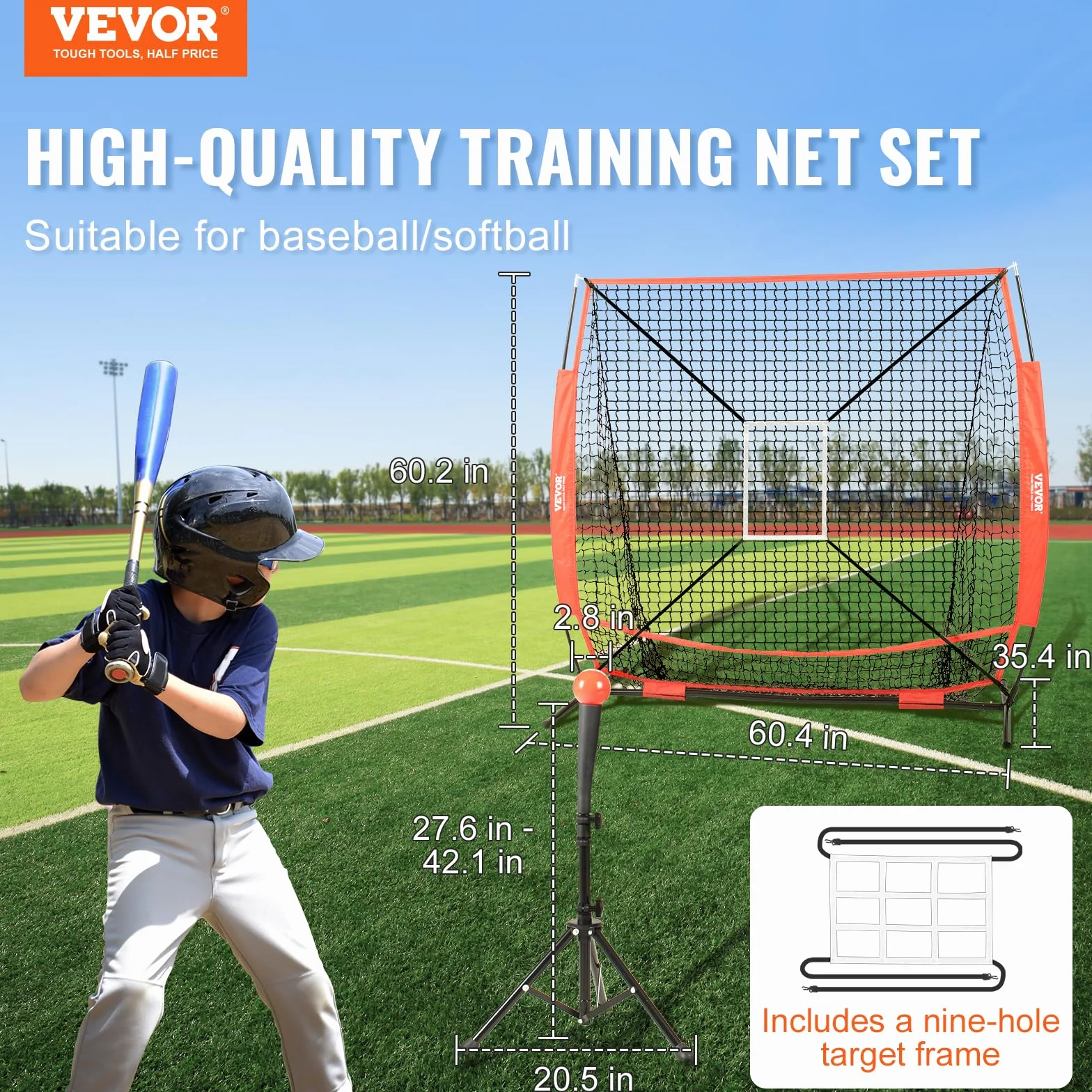 VEVOR Red de Entrenamiento de Béisbol de Softbol de 60" x 60" Red de Lanzamiento de Béisbol Portátil con Soporte para Golpear el Objetivo y Bolsa de Transporte para Lanzador y Receptor al Aire Libre