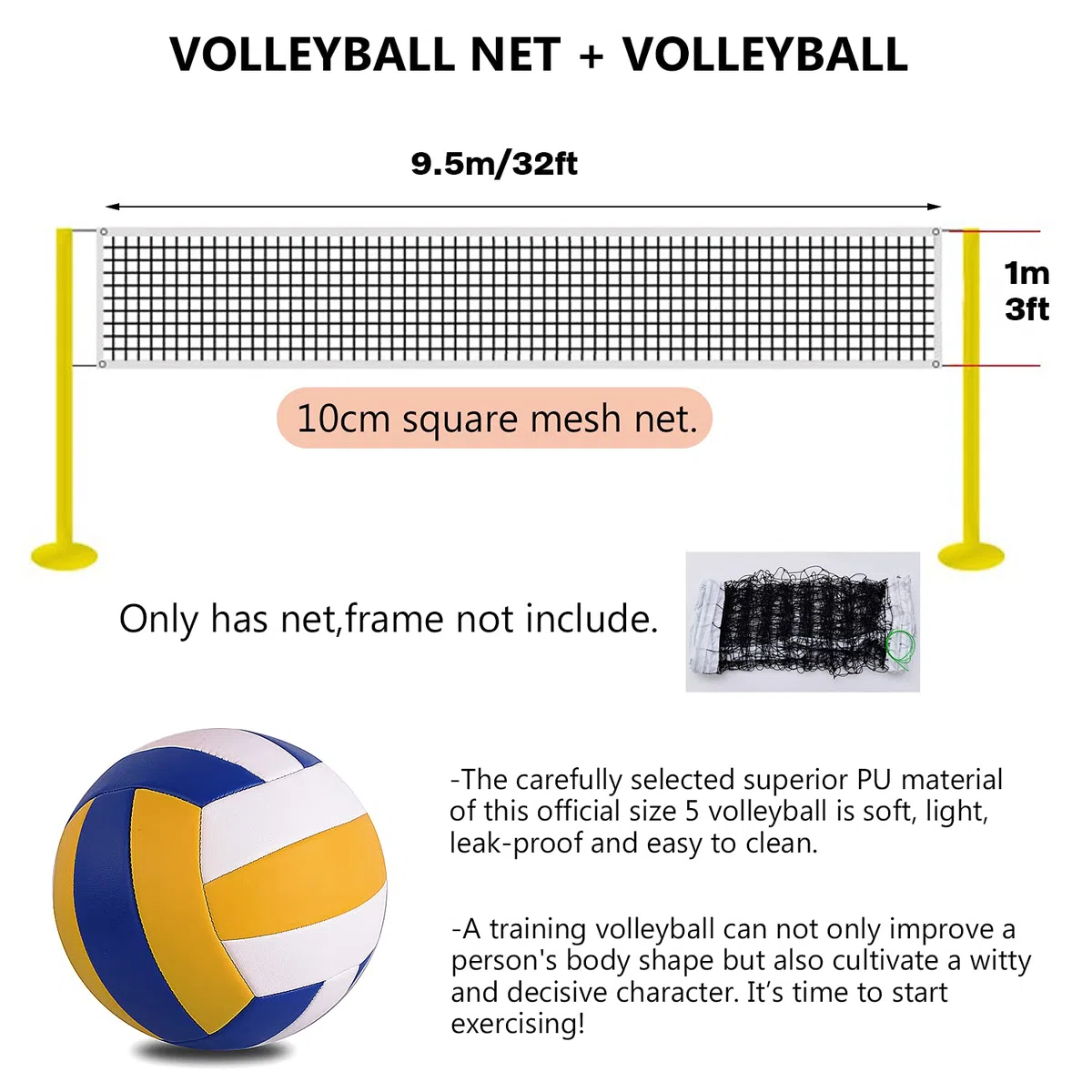Redes de Voleibol + Talla 5 Voleibol, Red de Entrenamiento de Voleibol portátil, Plegable y Duradera para Deportes al Aire Libre en Patios Traseros, Piscinas, Playas y Otras instalaciones