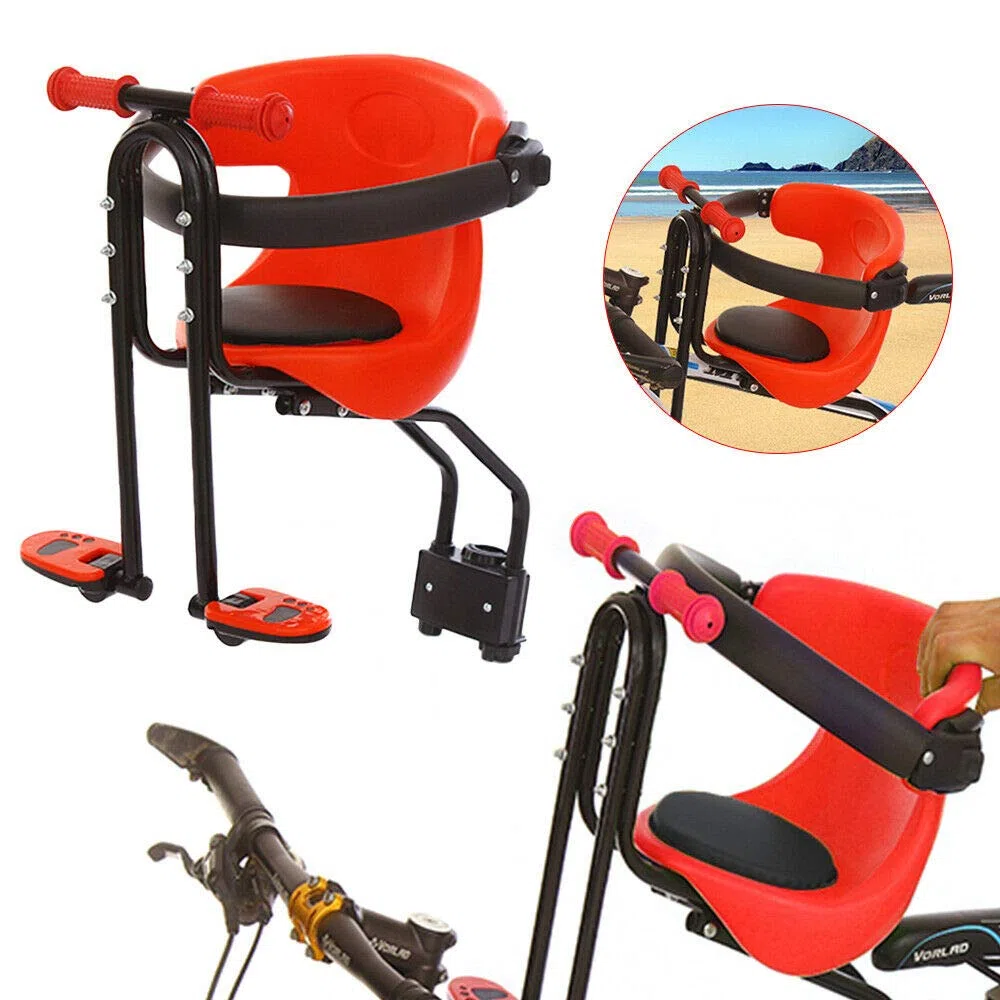 Asiento infantil para bicicleta de montaña, asiento delantero para niños, con asas antideslizantes/reposapiés, carga máxima de 50 kg, adecuado para la mayoría de bicicletas de montaña, fácil montaje